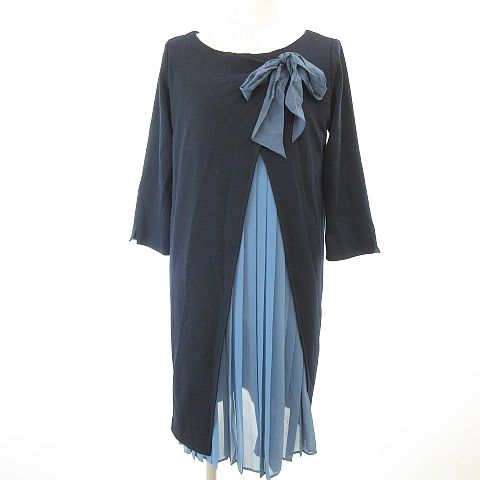 アデュートリステス Adieu Tristesse ワンピース 膝丈 七分袖 リボン 異素材 プリーツ 紺 青 38 C306 レディース 117 ベクトルパーク アデュートリステス Adieu Tristesse ワンピース 膝丈 七分袖 リボン 異素材 プリーツ 紺 青 38 C306 レディース 117 ベクトルパーク