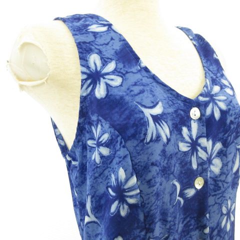 Rene Margo アロハワンピース ロング マキシ丈 ノースリーブ フレア 花柄 青 S E603 レディース 117 ベクトルパーク