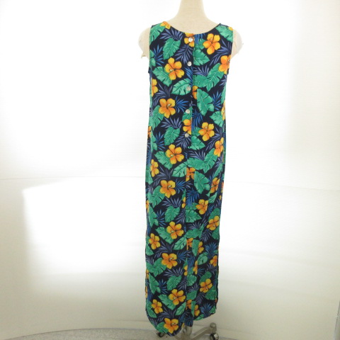 I C I アロハワンピース ロング マキシ丈 フレア ノースリーブ 花柄 青 緑 オレンジ S E604 レディース 117 ベクトルパーク