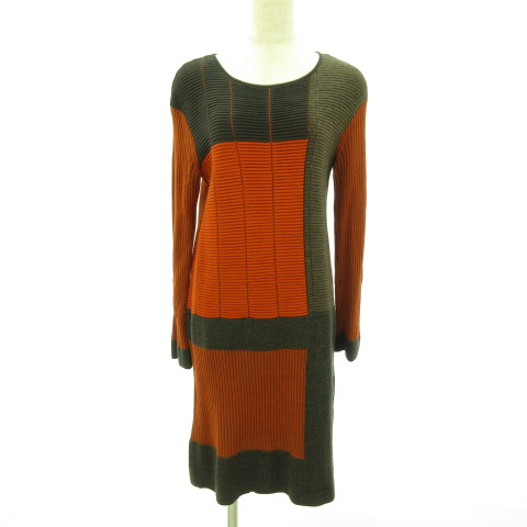 ヒロココシノ Hiroko Koshino ニットワンピース 膝丈 長袖 リブ オレンジ グレー 茶 38 E747 レディース 117 ベクトルパーク