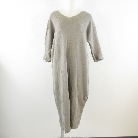 アズールバイマウジー Azul By Moussy ロングワンピース 五分袖 Vネック ワッフル グレージュ M 93 レディース 117 ベクトルパーク