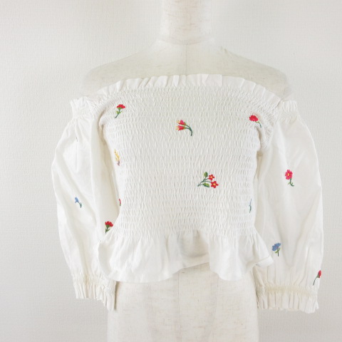 ザラ トラファルック Zara Trafaluc シャツ ブラウス オフショルダー 七分袖 花柄 刺繍 白 M E585 レディース 117 ベクトルパーク