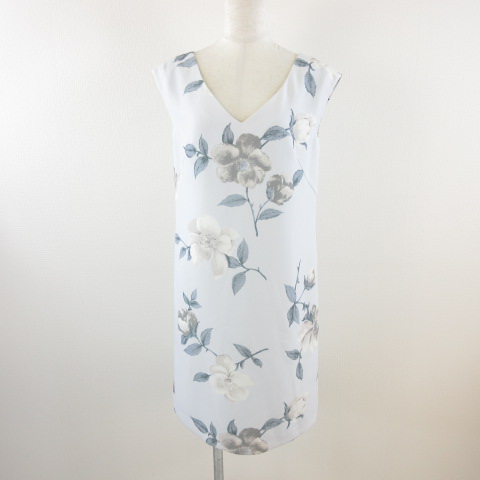 未使用品 マーキュリーデュオ Mercuryduo 膝丈ワンピース ノースリーブ Iライン Vネック 花柄 水色 グレー F E447 レディース 117 ベクトルパーク