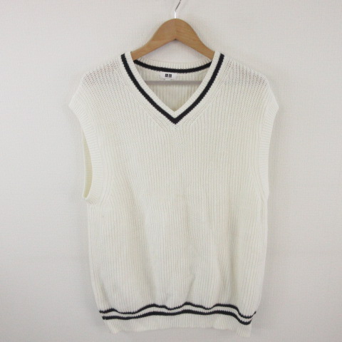 ユニクロ Uniqlo ニット セーター ベスト Vネック オフホワイト 白 L E4 メンズ 117 ベクトルパーク