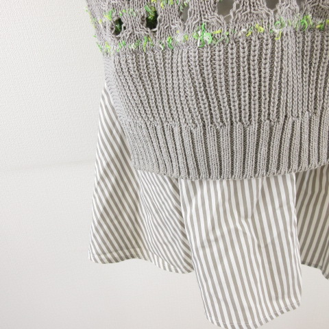 コーヘン Coohem ニット シャツ 異素材ミックス ストライプ グレー 36 COOHEM (コーヘン) 13-242-025 COTTON STRIPE KNIT SHIRT / 半袖ニット