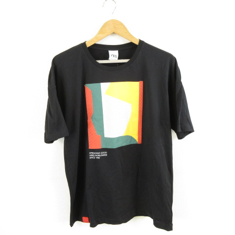 まる 未使用品 ザラ ZARA Tシャツ 丸首 半袖 プリント 黒 M *A846
