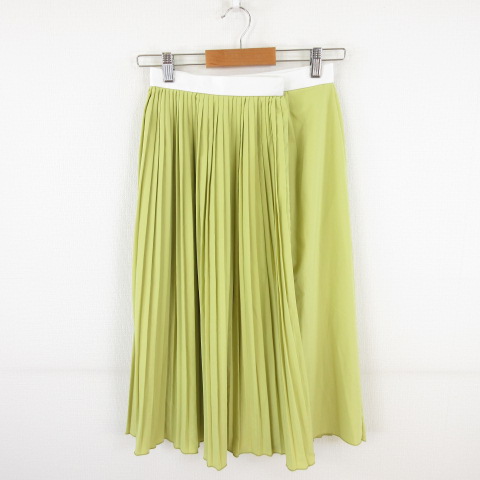 フェリシモ Logiz プリーツスカート ひざ丈 黄緑 61-89 *A14