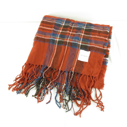 新品　パラスパレス　フリンジ付きダークブルーオレンジマフラー merry jenny（メリージェニー）の「fluffy checkフリンジマフラー