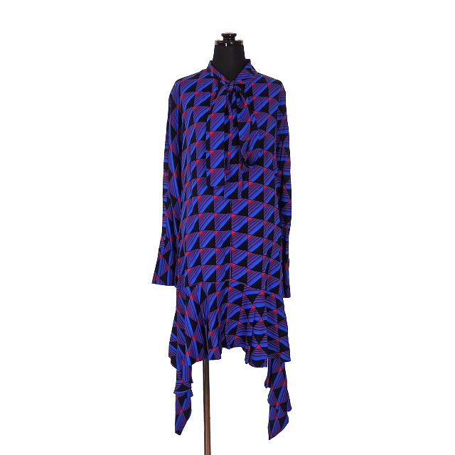 マルニ Marni 幾何学柄 リボンタイ ワンピース チュニック 長袖 38 ブルー ブラック 青 黒 Abmau55h00tv493 Ssaw レディース 118 ベクトルパーク