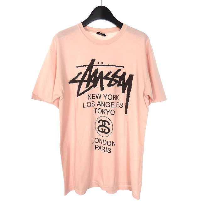 ステューシー Stussy ワールドツアー プリント Tシャツ カットソー 半袖 M ピンク メンズ 118 ベクトルパーク