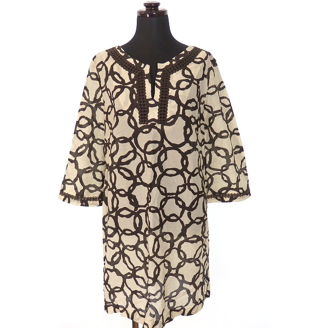 アクアスキュータム Aquascutum 総柄 ワンピース チュニック コットンシルク 七分袖 1s オフホワイト ブラウン 白 茶 日本製 レディース 118 ベクトルパーク