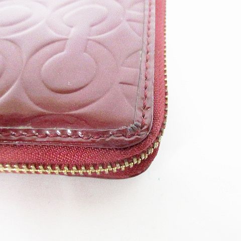 コーチ COACH 長財布 エナメル ロゴ ラウンドファスナー ワインレッド