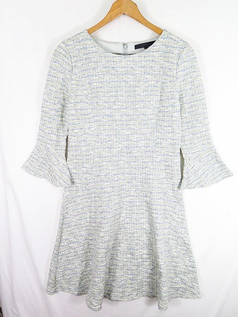 アナイ Anayi サマーツイード ワンピース 膝丈 七分袖 ベルスリーブ 36 ブルー クリーム イエロー Sa6913 レディース 119 ベクトルパーク