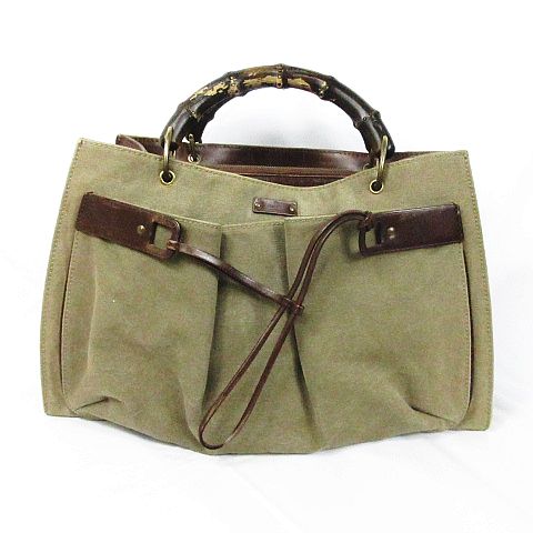 グッチ GUCCI ハンドバッグ トート キャンバス レザー バンブー カーキ 