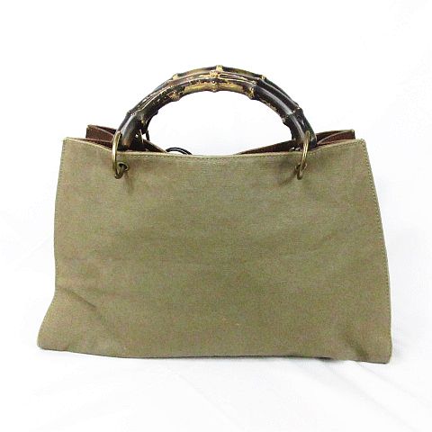 グッチ GUCCI ハンドバッグ トート キャンバス レザー バンブー カーキ 