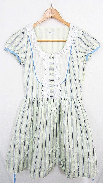 ミルク Milk ワンピース 半袖 レース ストライプ柄 ひざ丈 綿 F アイボリーホワイト Rb0035 レディース 119 1700 ベクトルパーク