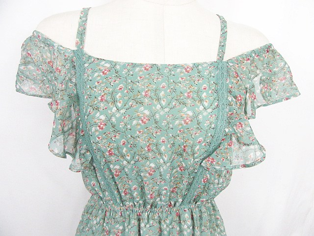 未使用品 マジェスティックレゴン Majestic Legon 2way ワンピース 膝下丈 オフショルダー ノースリーブ S グリーン 花柄 Kz0448 レディース 119 ベクトルパーク