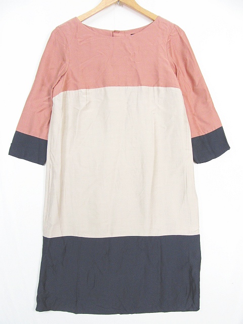 23区 オンワード樫山 ワンピース 五分袖 レーヨン 32 ベージュ ライトベージュ ネイビー 小さいサイズ Af0003 レディース 119 ベクトルパーク