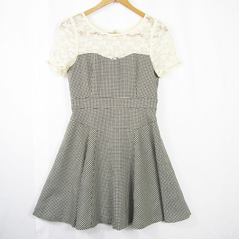 ピンキーガールズ Pinky Girls ワンピース 膝上丈 レース 半袖 異素材切替 ストレッチ S ブラウン アイボリー 千鳥格子 Kz2471 レディース 119 ベクトルパーク