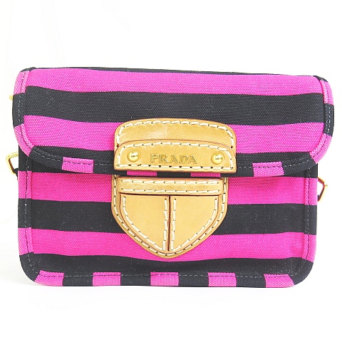 プラダ PRADA BT0785 ショルダーバッグ キャンバス ボーダー ブラック