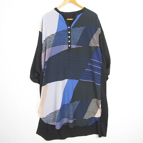 ピノーレ PINORE ワンピース 長袖 膝下丈 42 ブラック ブルー ライン  