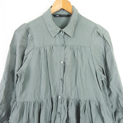 ザラ ZARA ティアード ワンピース 長袖 膝丈 XS グリーン 7901