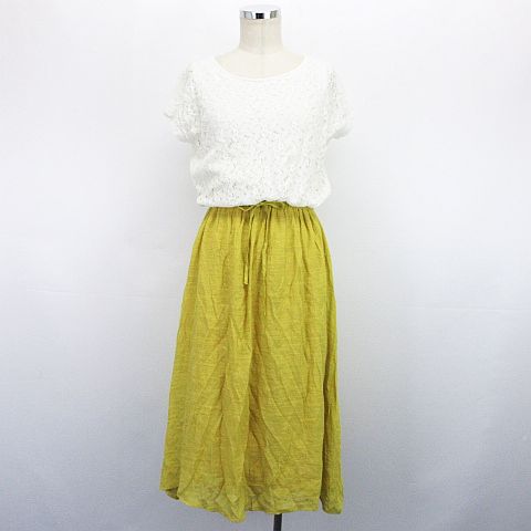 オリーブデオリーブ Olive Des Olive ワンピース チュニック 半袖 ラウンドネック ロング丈 ドッキング レース M ホワイト イエロー Ean レディース 1 ベクトルパーク