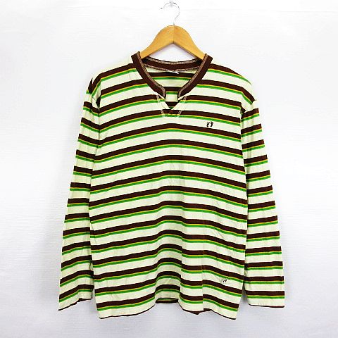 ハンテン Hang Ten Hangten Tシャツ カットソー 長袖 スキッパー ボーダー ロゴ M クリーム ブラウン グリーン Ekm メンズ 1 ベクトルパーク