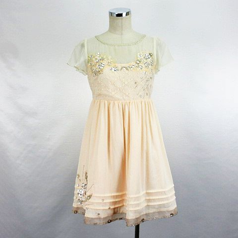 マーキュリーデュオ Mercuryduo ワンピース チュニック 半袖 フリルスリーブ ラウンドネック ミニ丈 切替 シフォン ビジュー レース 刺繍 F ライトオレンジ Ekm レディース 1 ベクトルパーク