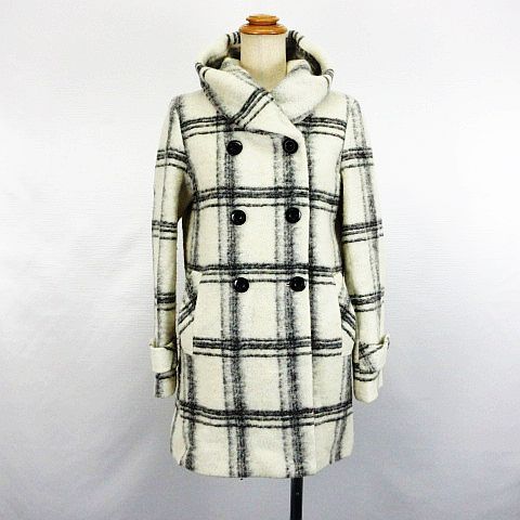 ハッシュアッシュ Hushush コート アウター 長袖 フード ダブル ミディアム丈 チェック ウール混 2 アイボリー ブラック Ekm レディース 1 ベクトルパーク