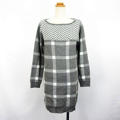 エゴイスト Egoist ニット ワンピース チュニック 長袖 ボートネック ミニ丈 チェック ヘリンボーン グレー ホワイト Ekm レディース 1 ベクトルパーク