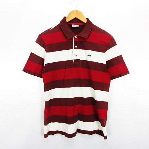 ラコステ Lacoste ポロシャツ 半袖 ボーダー ロゴ ワッペン コットン 4 ブラウン ピンク アイボリー Ekm メンズ 1 ベクトルパーク