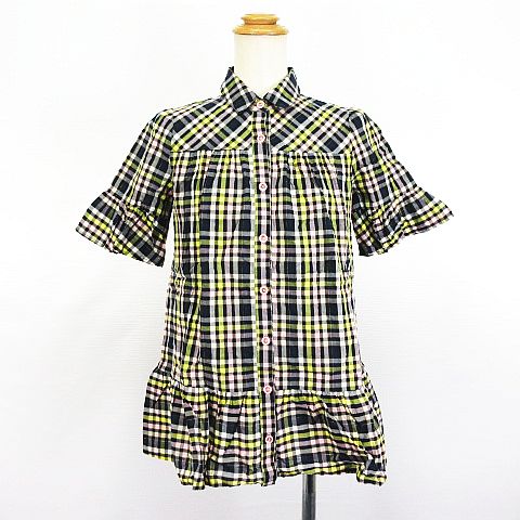 アーノルドパーマー Arnold Palmer シャツ チュニック ワンピース 五分袖 チェック 裾フリル ラメ コットン 1 ネイビー イエロー ピンク Ekm レディース 1 ベクトルパーク