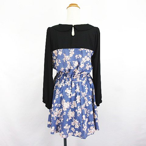 マジェスティックレゴン Majestic Legon ワンピース チュニック 長袖 衿付き ミニ丈 切替 花柄 ウエストフリル F ブルー ブラック Ekm レディース 1 ベクトルパーク