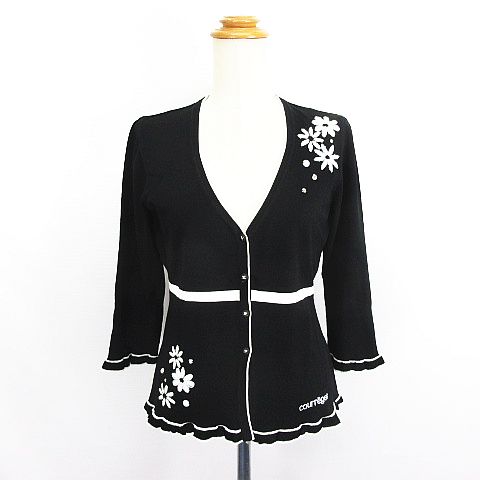 クレージュ courreges ニット カーディガン 七分袖 Vネック 花 