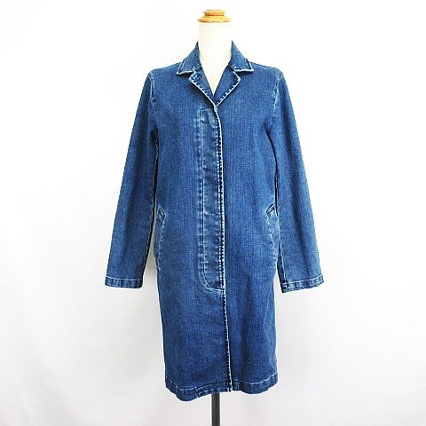 45R コットンデニム　ロングチェスターコート　ロゴ刺繍　チェック切り替え 45R コットンデニム ロングチェスターコート ロゴ刺繍 チェック