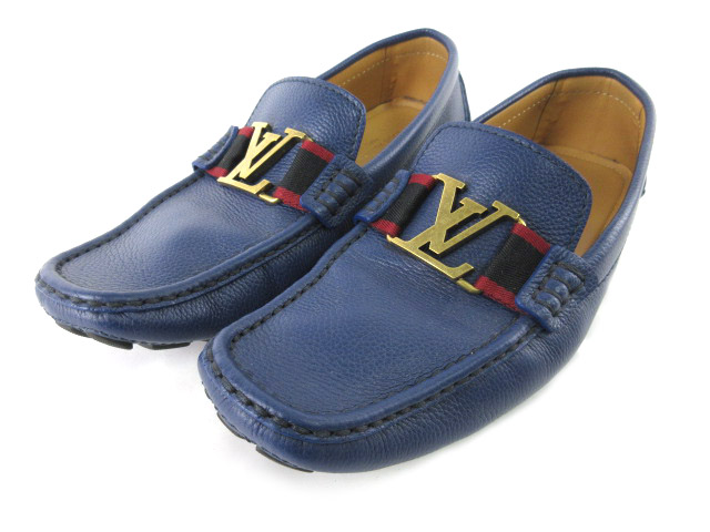 ルイヴィトン Louis Vuitton ローファー モンテカルロ ライン レザー スクエアトゥ Lv マリーヌ 紺 ネイビー ゴールド 赤 レッド 7 1 2 靴 17aw メンズ 121 ベクトルパーク