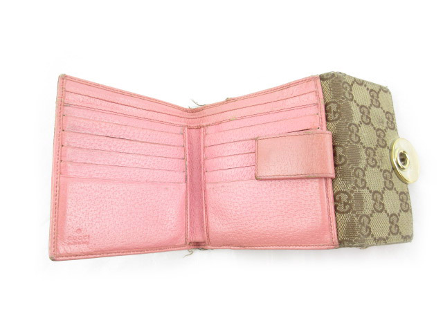 グッチ GUCCI 二つ折り財布 ウォレット GG柄 120932 レザー ベージュ ピンク キャンバス 小物 レディース