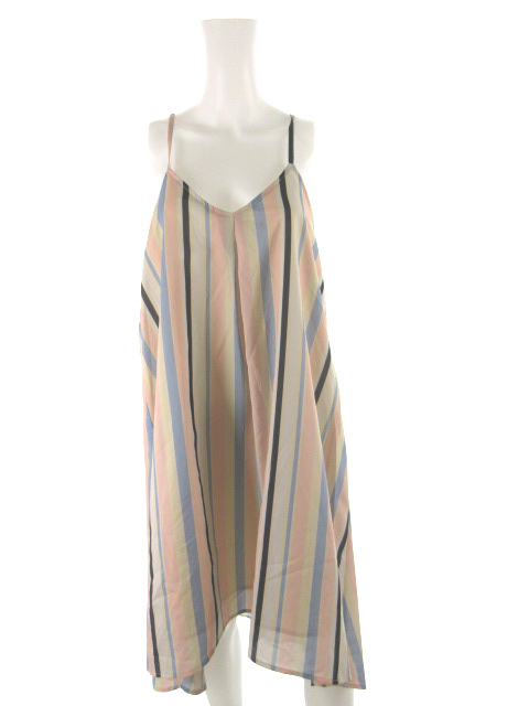 アズノウアズ ピンキー As Know As Pinky ワンピース ロング キャミ フレアー ストライプ リボン ピンク ベージュ 紺 ネイビー マルチ 美品 レディース 121 ベクトルパーク