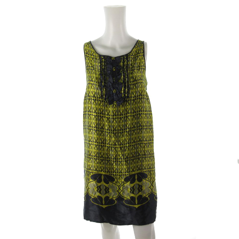 マックス コー Max Co ワンピース ひざ丈 ノースリーブ 胸元フリル ボタン 総柄 イエロー ネイビー 黄色 紺 シルク 40 レディース 121 ベクトルパーク