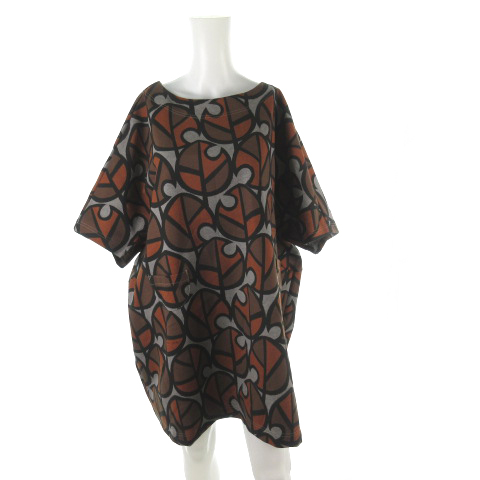 プープレ Peu Pres ワンピース ロング 七分袖 オーバーサイズ 総柄 リーフ グレー ブラウン ストレッチ F レディース 121 ベクトルパーク