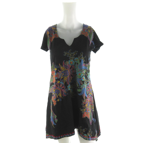 デシグアル Desigual ワンピース ひざ丈 半袖 花柄 フラワー ビーズ 刺繍 黒 ブラック マルチカラー コットン M レディース 121 ベクトルパーク