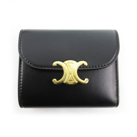 CELINE 三つ折り財布 黒 激しかっ レザー ゴールド金具 売買された  