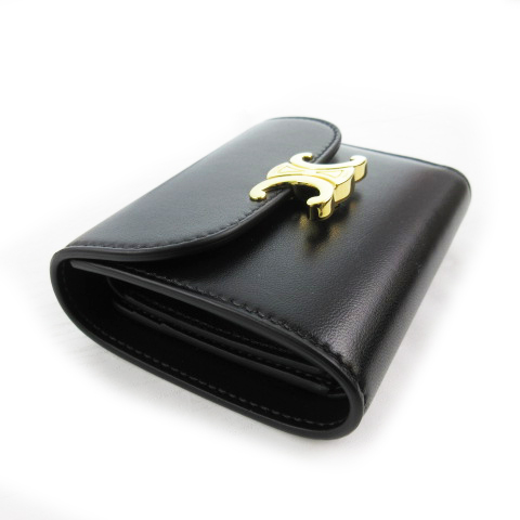 CELINE 黒のレザー三つ折り財布 ゴールド金具 CELINE 三つ折り財布 ブラック レザー ゴールド金具 付属品あり
