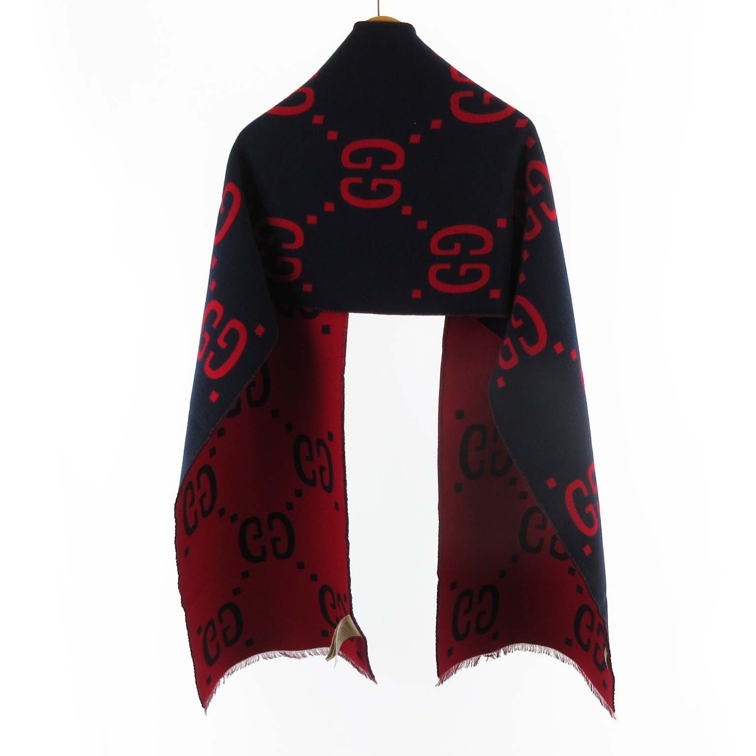 グッチ GUCCI ニットマフラー GG総柄 ジャガード ウールシルク混 