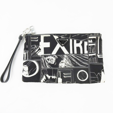 プラダ PRADA クラッチバッグ ポーチ コミック柄 モノトーン ブラック 