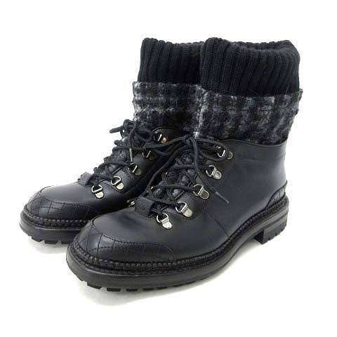 未使用品 シャネル Chanel ショートブーツ ハーフブーツ ココマーク レザー ツイードニット 黒 ブラック 41 G メンズ 122 ベクトルパーク