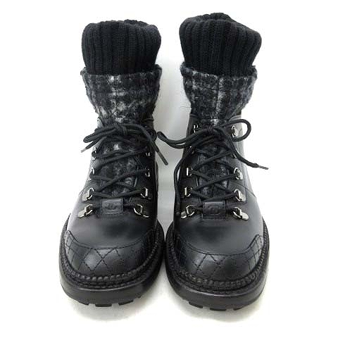 未使用品 シャネル Chanel ショートブーツ ハーフブーツ ココマーク レザー ツイードニット 黒 ブラック 41 G メンズ 122 ベクトルパーク