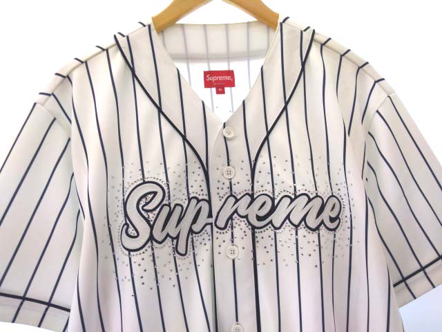 Supreme ストライプ ベースボールシャツ（Made in USA】Majestic 