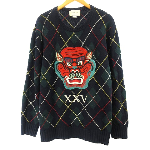グッチ GUCCI 18SS アップリケ付アーガイルチェック柄 セーター ウール 